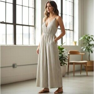Lusana Rennie Stripe Jumpsuit 4 Small Anthropologie V-Neck Wide Leg Pocket Woven